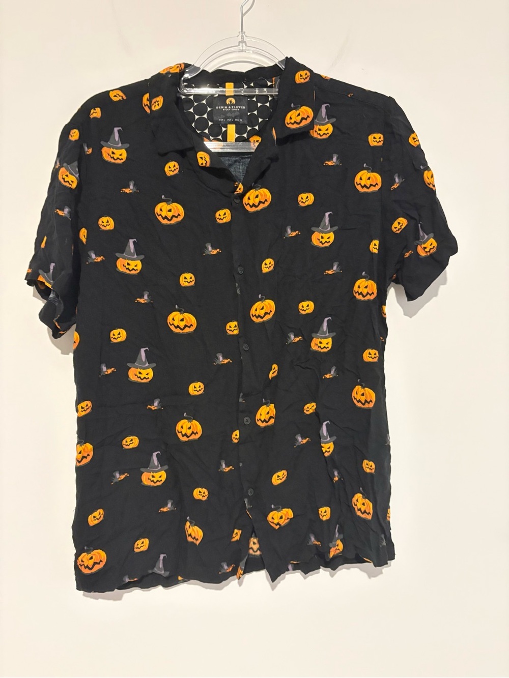 Denim & Flower Ricky Singh Pumpkin Halloween button front shirt black size large